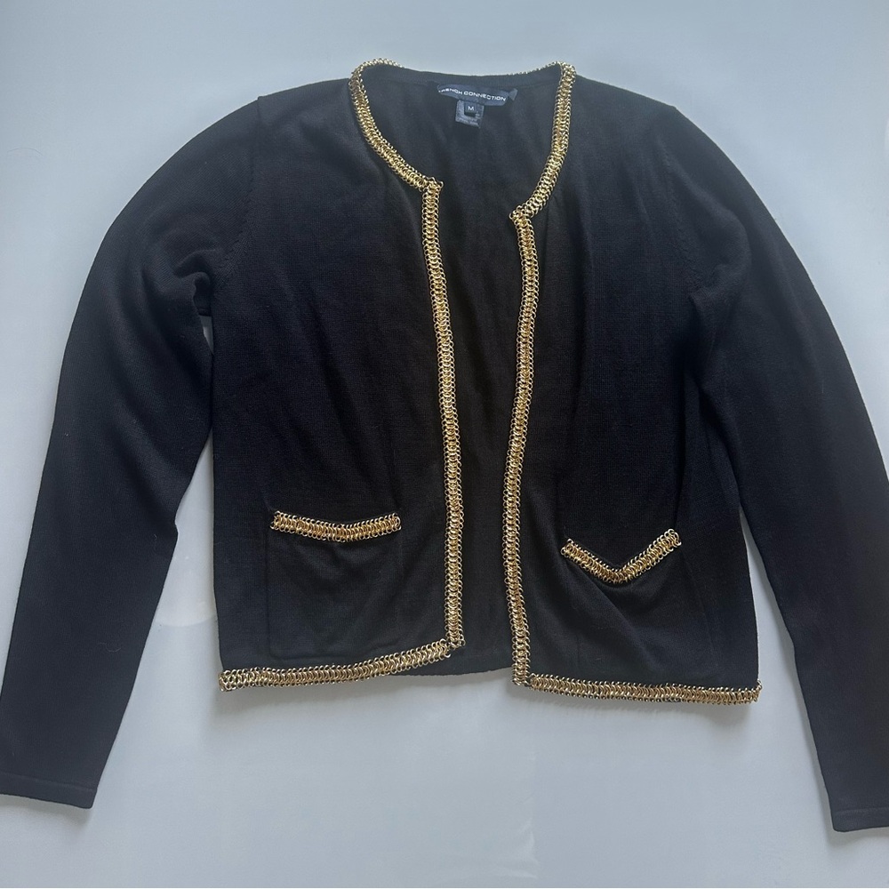 French Connection Black Cardigan with Gold Trim